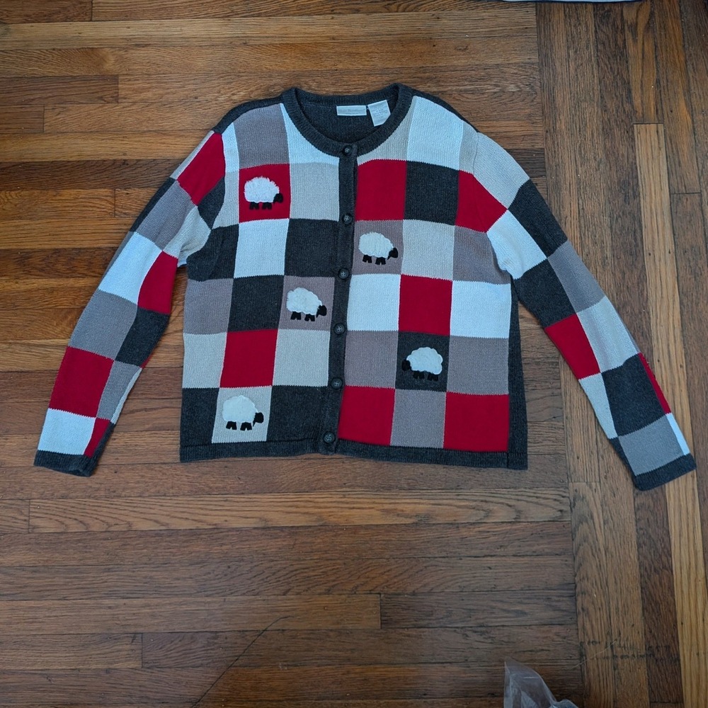 Vintage Blair‎ Boutique Sheep Check Cardigan Sweater Red Grey White Large